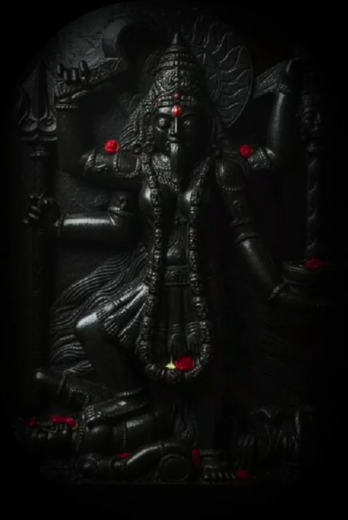Maa Adya Kali, Stone carved murti with rose petals